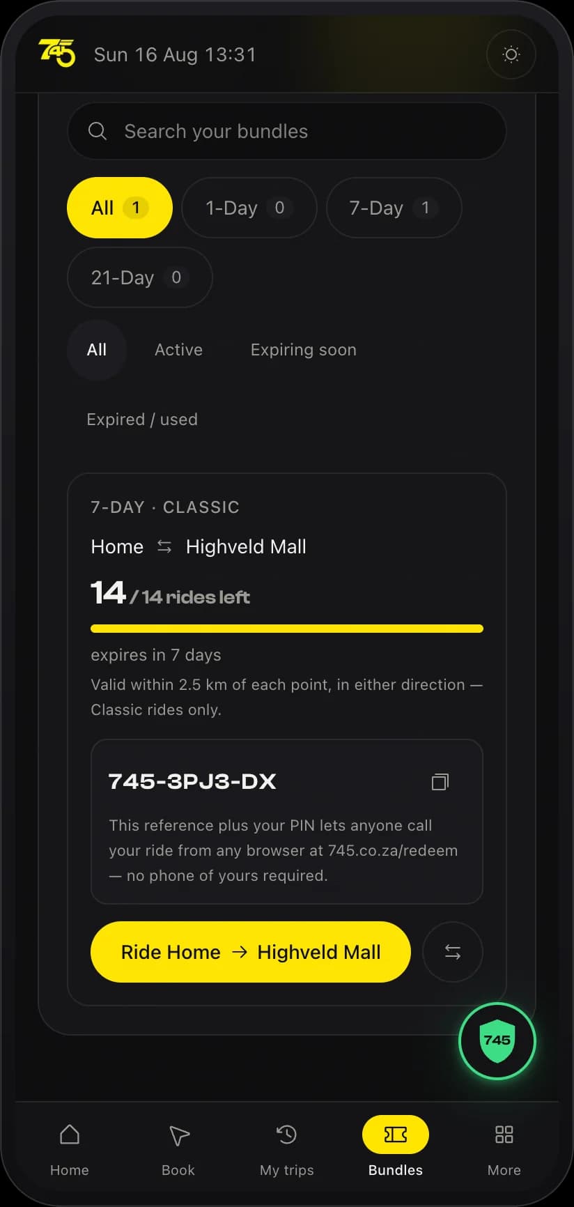 A 7-Day Classic bundle in the 745 dashboard: Home to Highveld Mall, 14 of 14 rides left, the reference 745-3PJ3-DX to hand over, and a Ride button