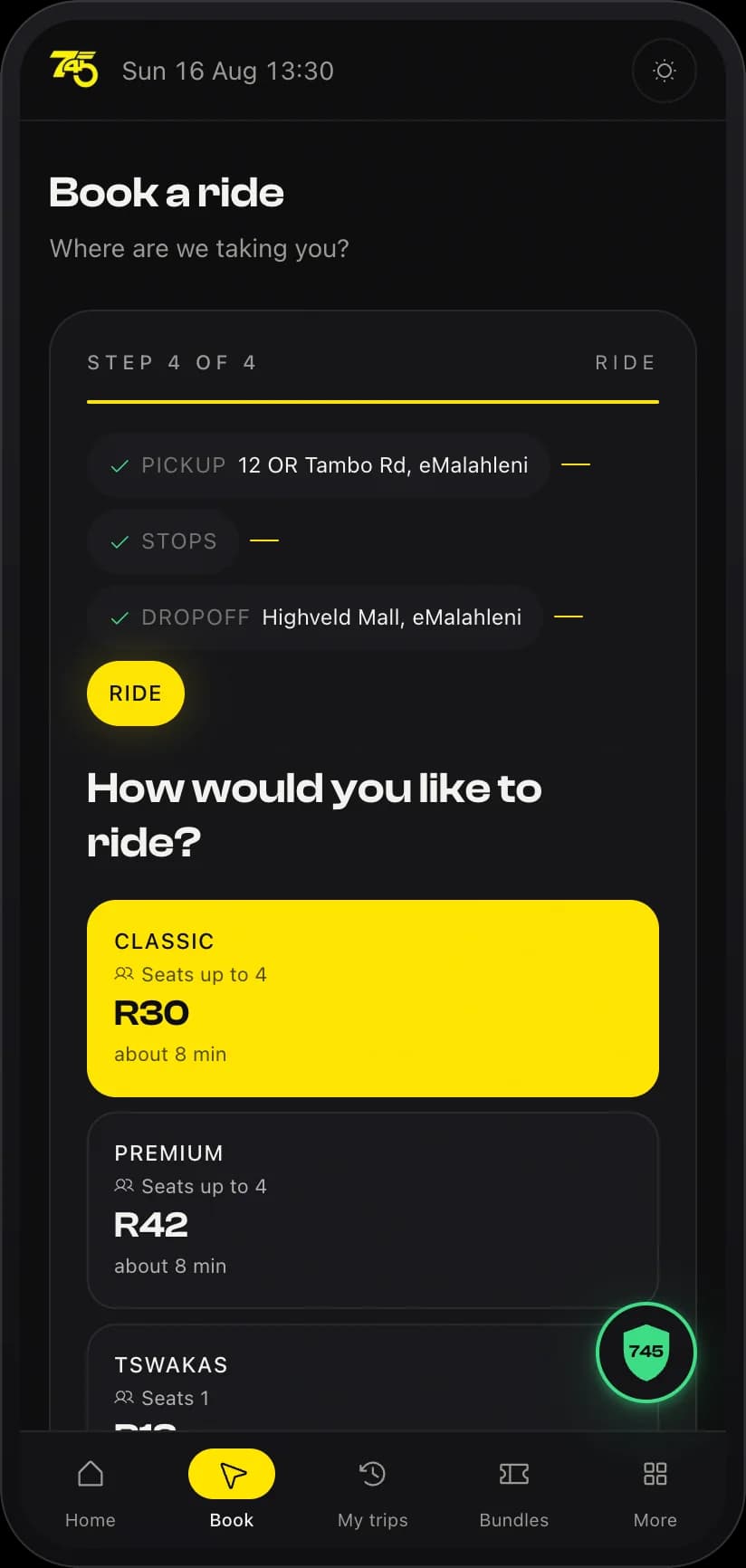 The 745 booking screen on its final step: pickup and dropoff set across eMalahleni, with Classic quoted at R30, Premium at R42 and Tswakas below