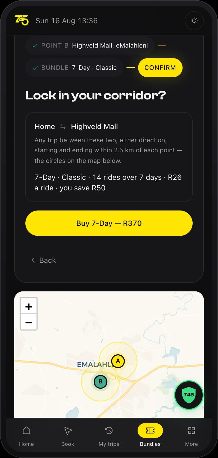 The bundle purchase screen locking in a corridor: a 7-Day Classic bundle between Home and Highveld Mall for R370, above a map of eMalahleni with the two points each inside their 2.5 km validity circle