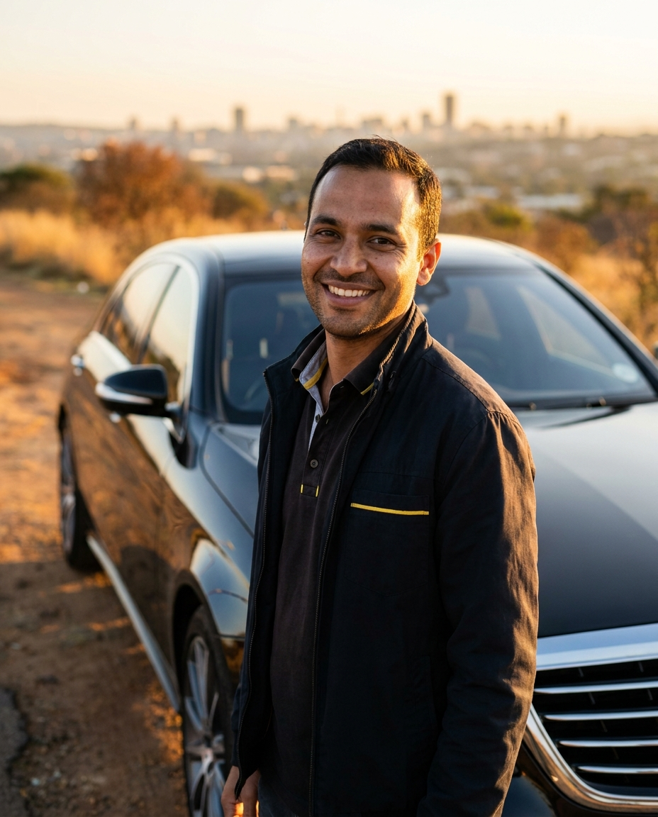 A 745 driver beside his vehicle at golden hour